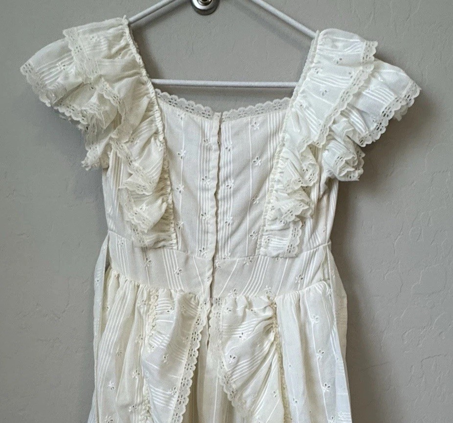Vtg 70s Ivory Wedding Dress Prairie Cottage Core Peasant Bonnet Hat Veil Trek