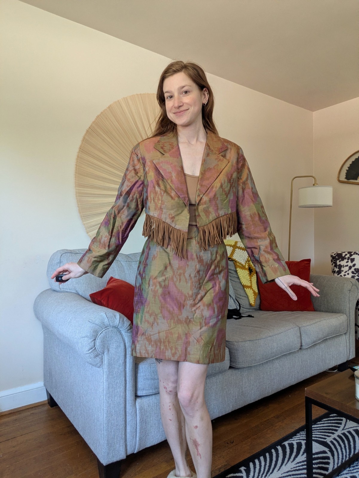 1980s Raw Silk And Ultra Suede Fringed Skirt And Jacket