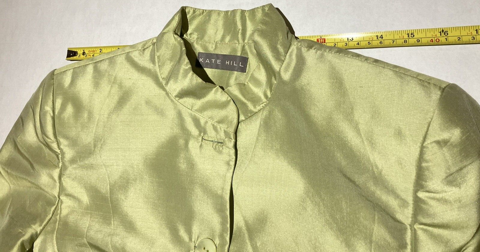 kate hill lime green shoulder pads two piece silk womens suit size 6top/4pants
