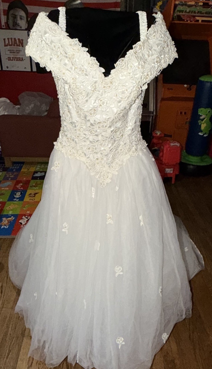 Vintage MORILEE Wedding Dress Size 14 Beaded Lace & Tulle- Long Train EXC