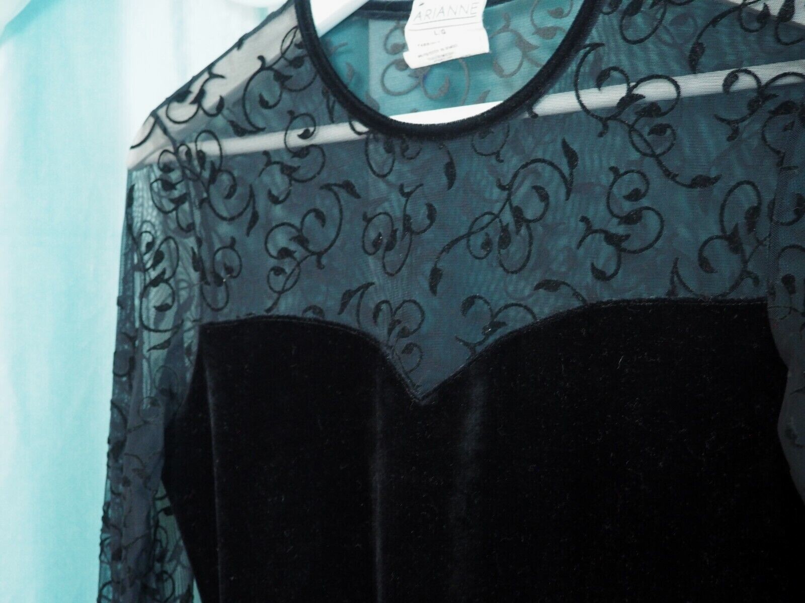 VTG Arianne Black Lace Velvet Sheer Lingerie Long Sleeve Bodysuit Playsuit Sz L