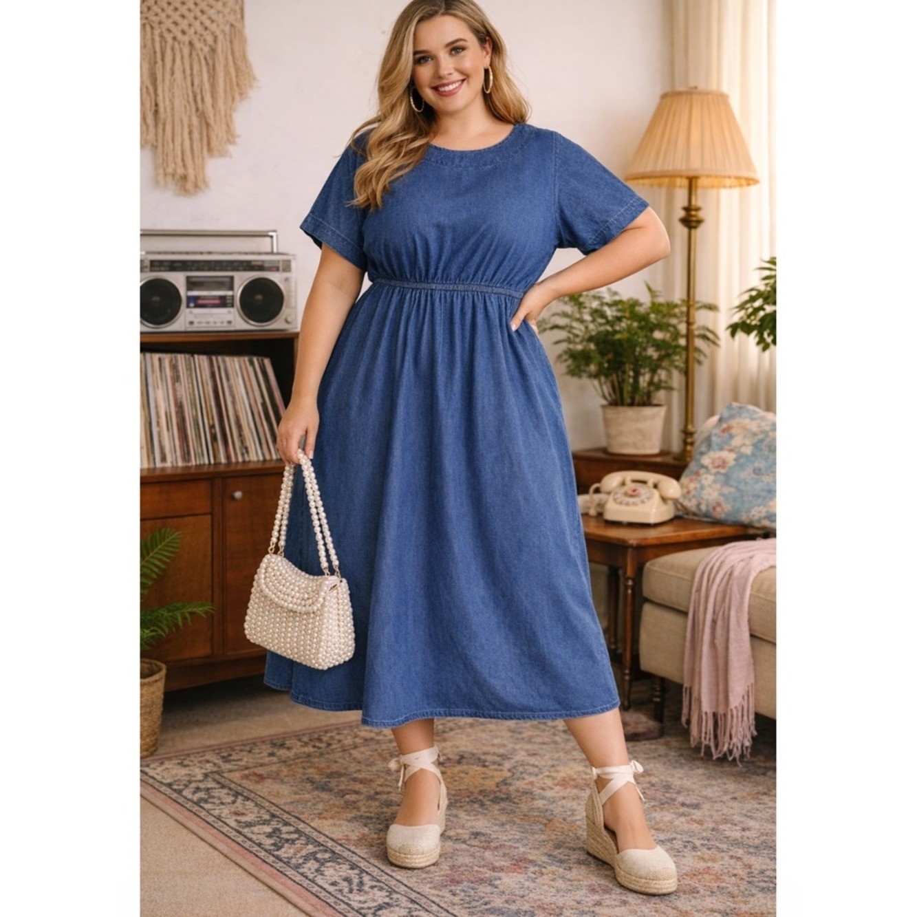 Vintage Spencer Alexis Retro 80s Indigo Denim Midi Dress Classic Made in USA