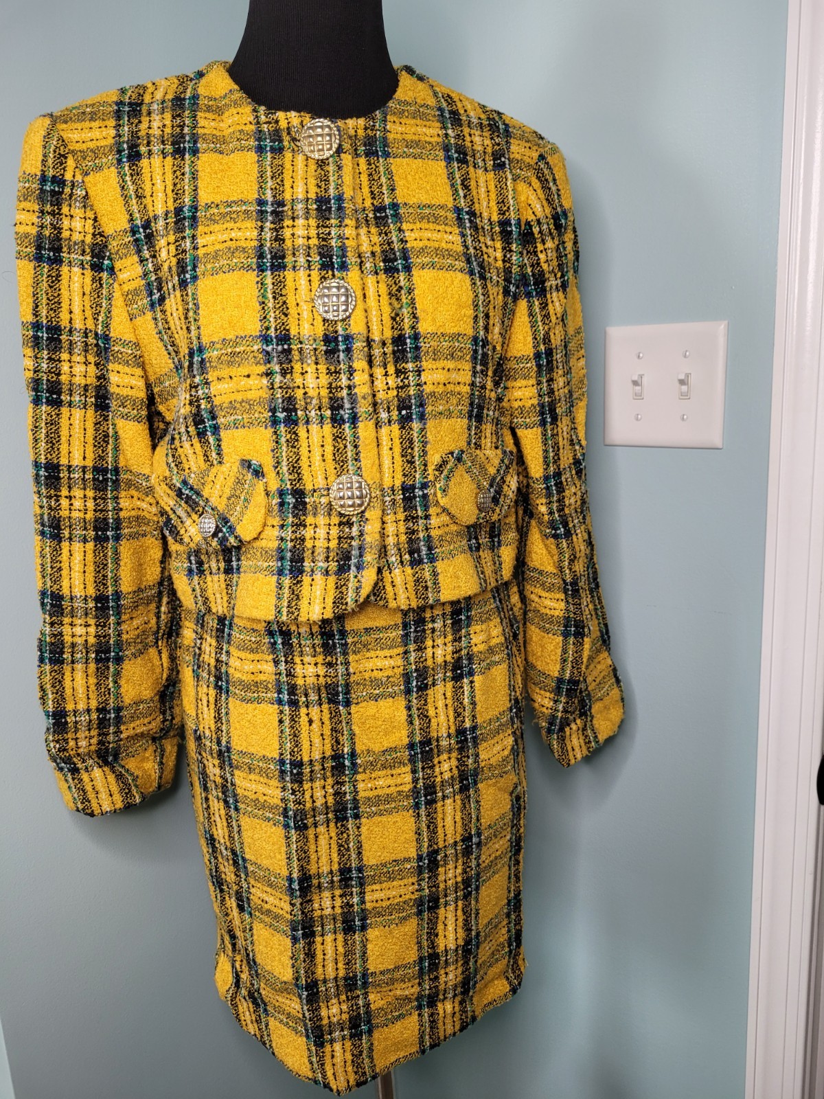 Scoop Yellow Tartan Plaid Skirt Suit CLUELESS Vintage 90s Size S 5 Made in USA