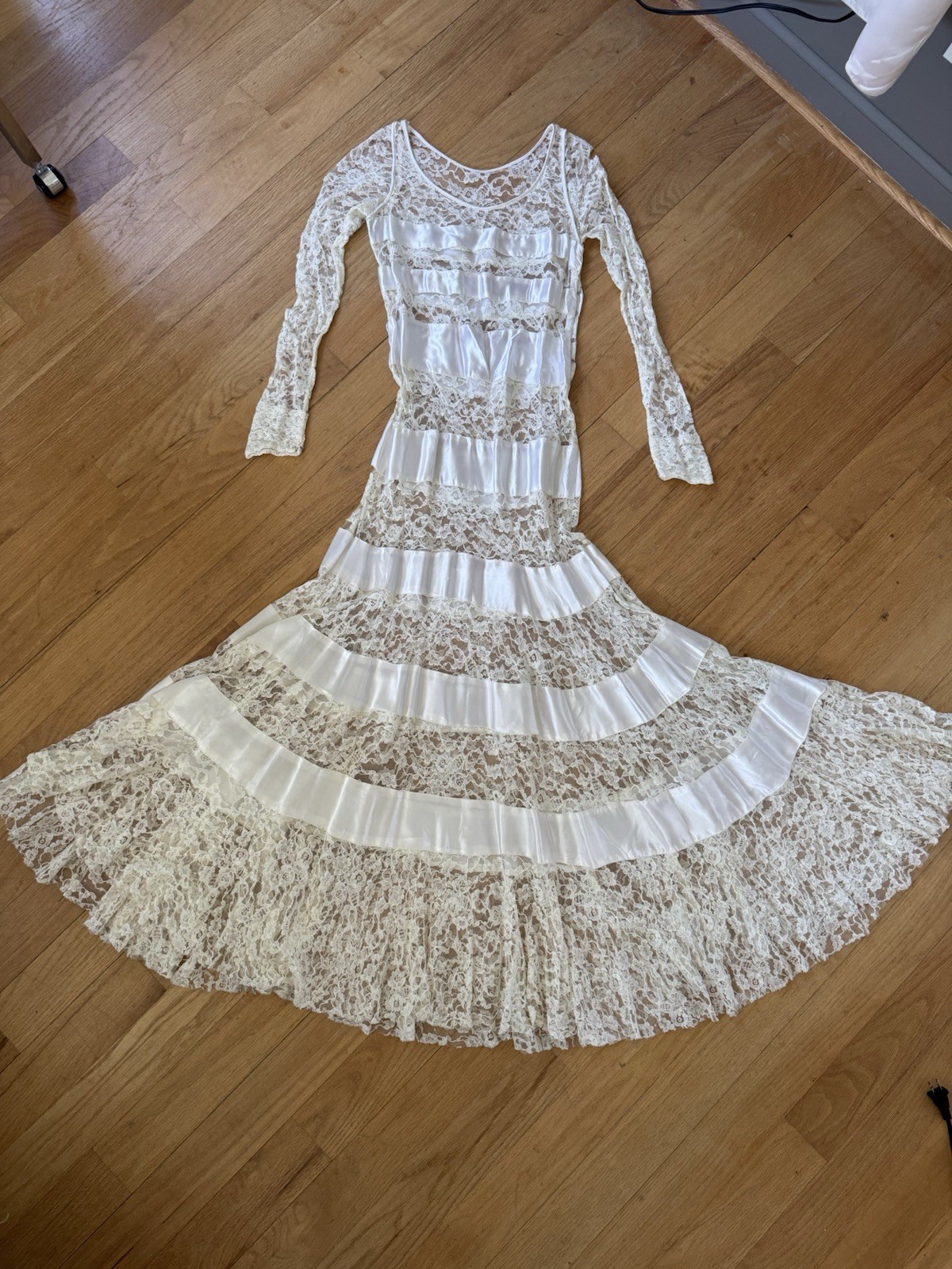 Vintage 1930s Wedding Dress Art Deco Satin Lace Gown 20s 40s Matching Slip