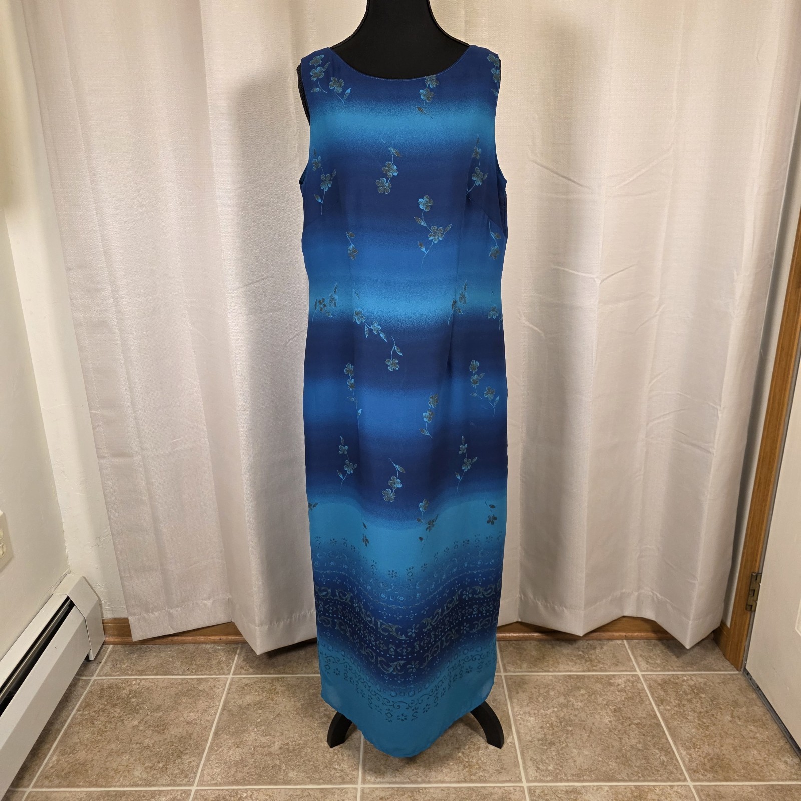 Vintage 90s Blue Ombre Floral Maxi Dress Sleeveless Size 12 Melissa Harper
