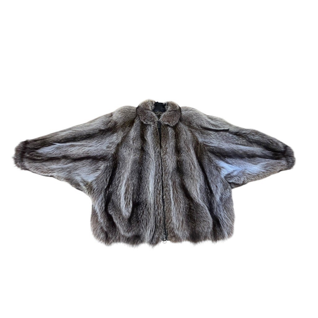 „Dittrich Furs” Real Fur Coat Cropped Batwing Zip Up Brown Grey Silver Fox NO SZ