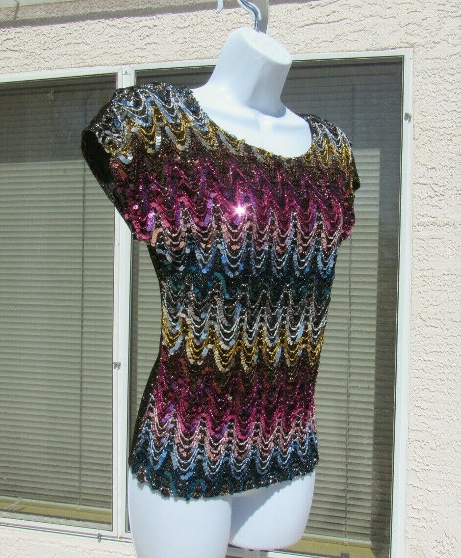 VTG 70s 80s JOSEPH II SEQUIN METALLIC THREAD GLITTER TOP MULTI COLOR DRAPED LOOK