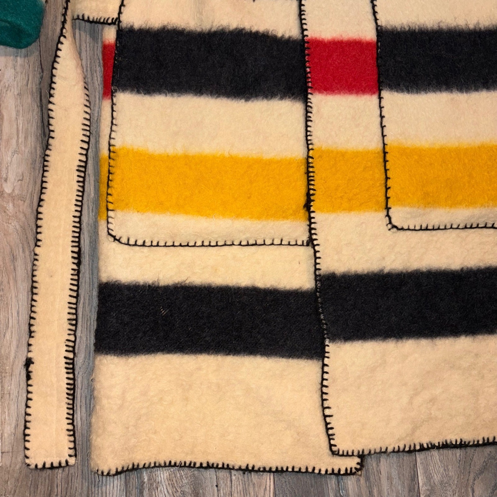 Vintage Handmade Hudson Bay Style Wool Blanket Coat Multi Stripe Hooded Belted