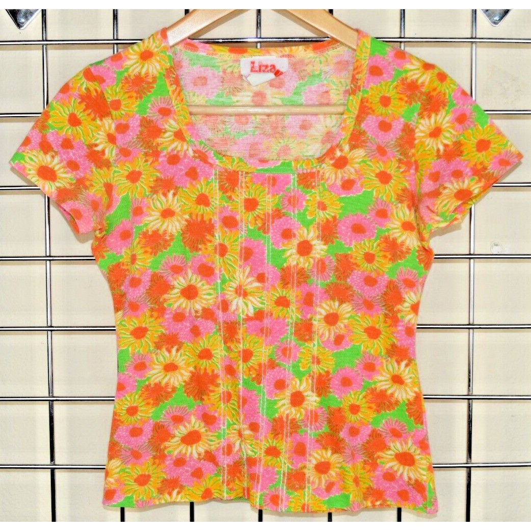 Lilly Pulitzer Liza Top VTG Size S/M 80s Orange Pink Yellow Flower Power Fitted