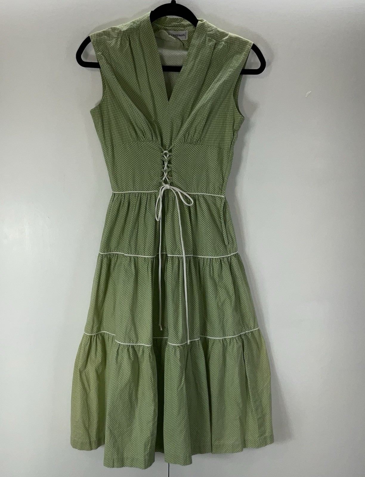 70s Vintage Gay Gibson Womens Dress Sleeveless Green Polka Dots Corset Tie Front