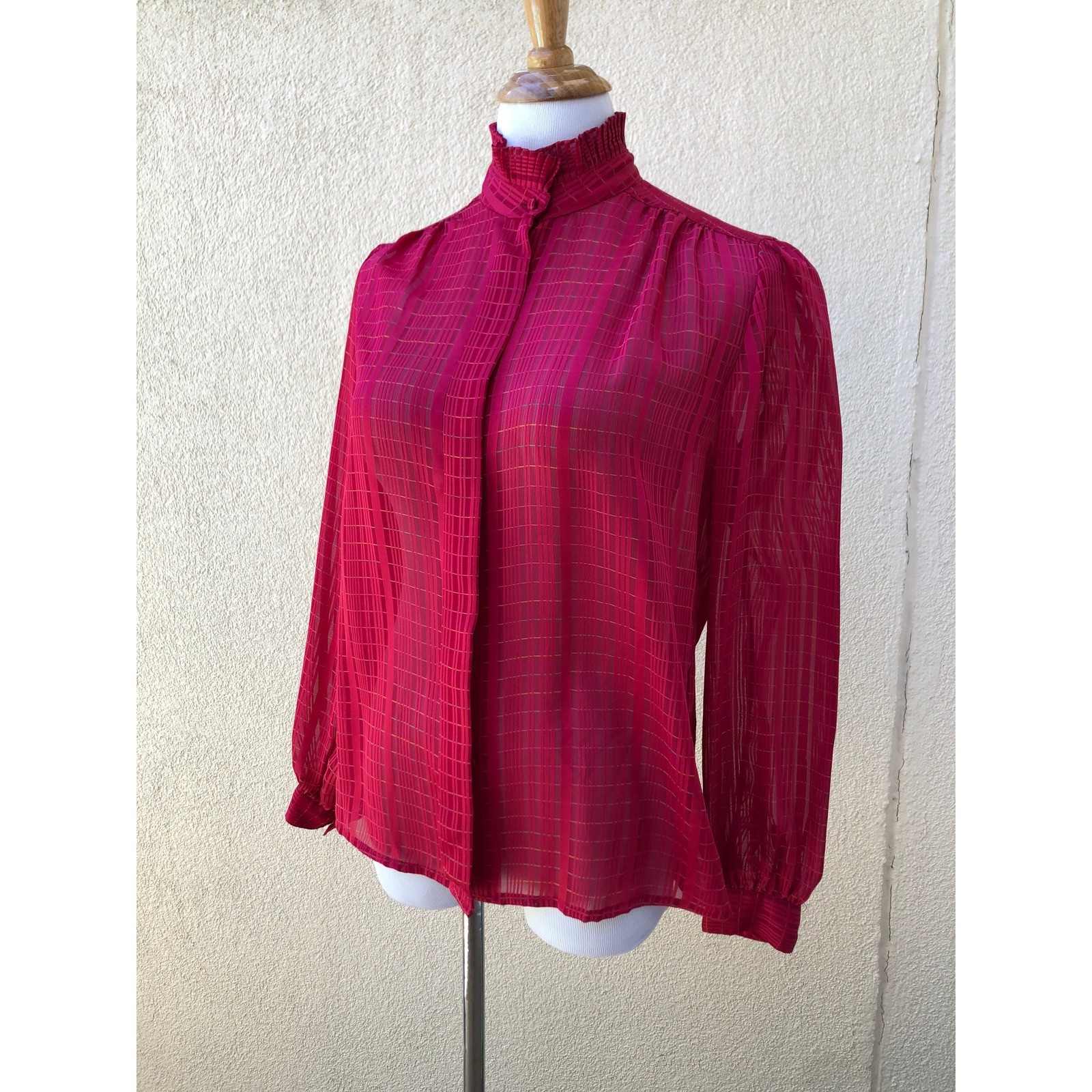 1980 bright red bright pink sheer stripes pleated collar blouse, size S