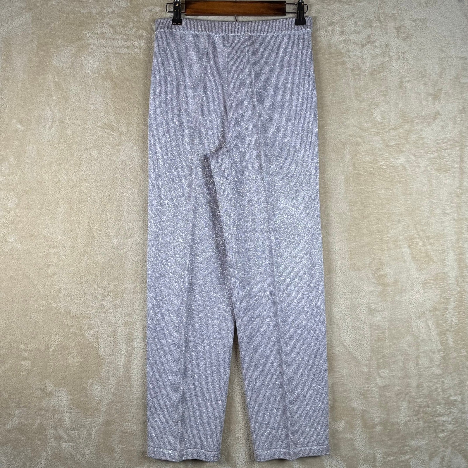 J.S.S. Vintage Women Metallic Knit Pant Suit Silver Wool Blend Rhinestone Petite