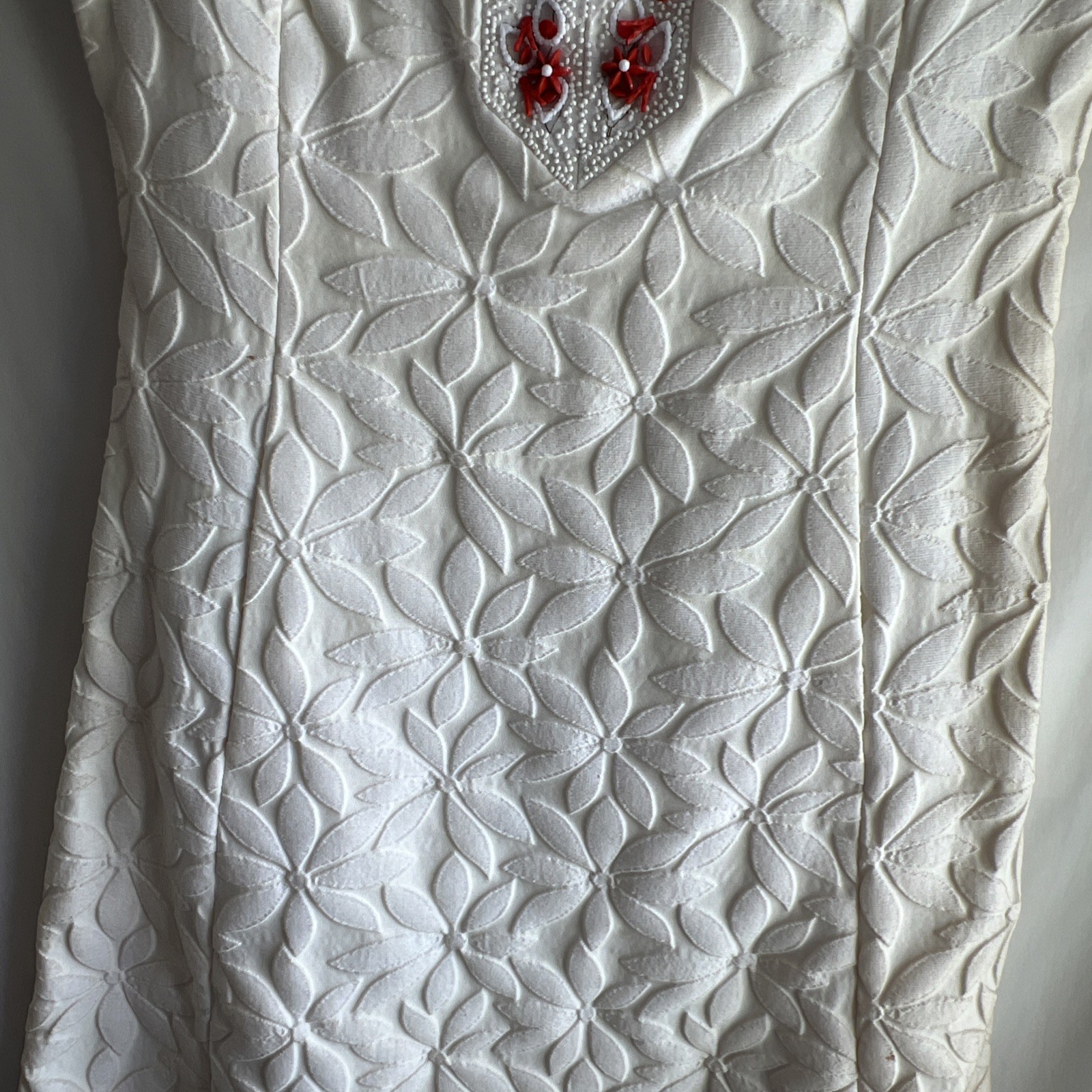 1960s Nardiello For Rona Sleeveless Dress Embossed Floral & Coral Beads Pockets!