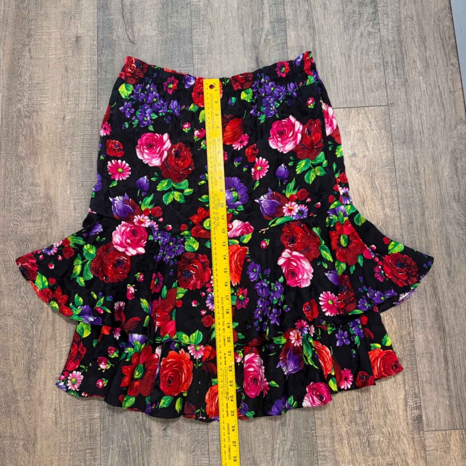 Oleg Cassini Vintage 100% Silk Floral Tiered Ruffle Skirt Black Red Purple Sz 10
