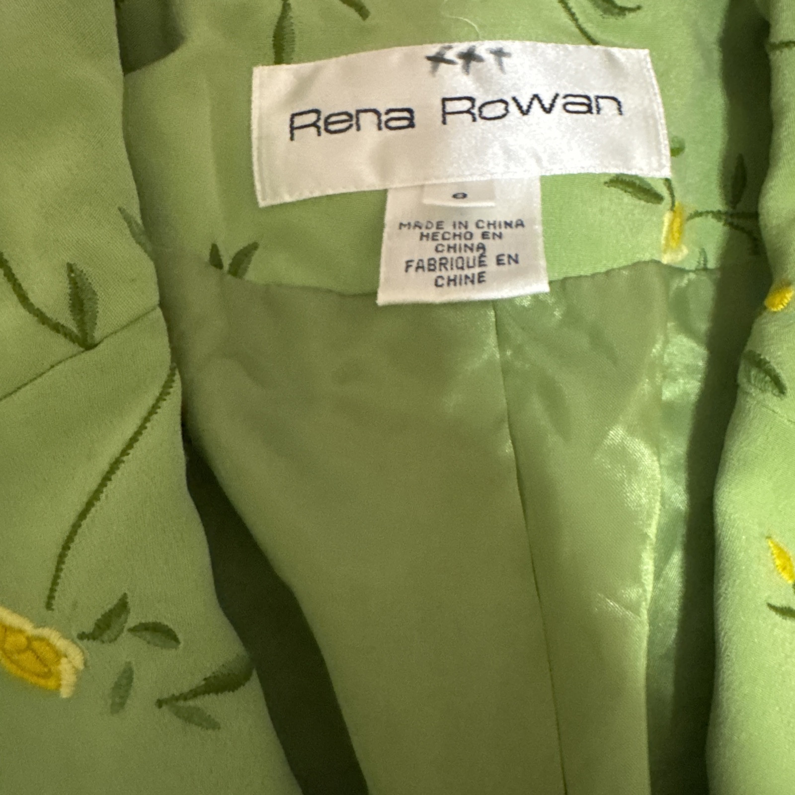 Vintage Rena Rowan Fully lined Grass Green Embroidered Silk Blazer Size 8