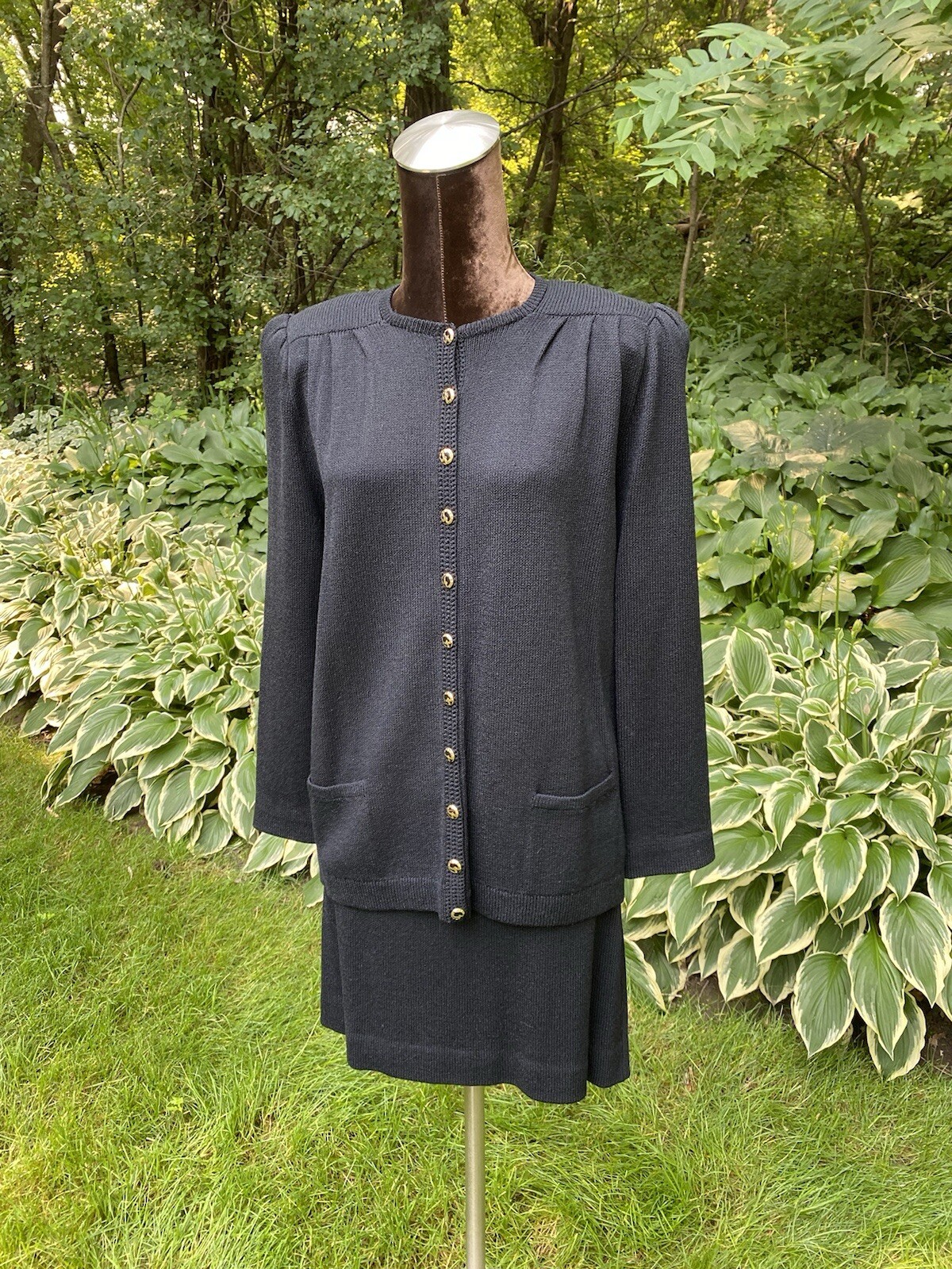 Vtg St. John Black Skirt And Sweater Knit Set Womans Size 10 ish w Gold Buttons