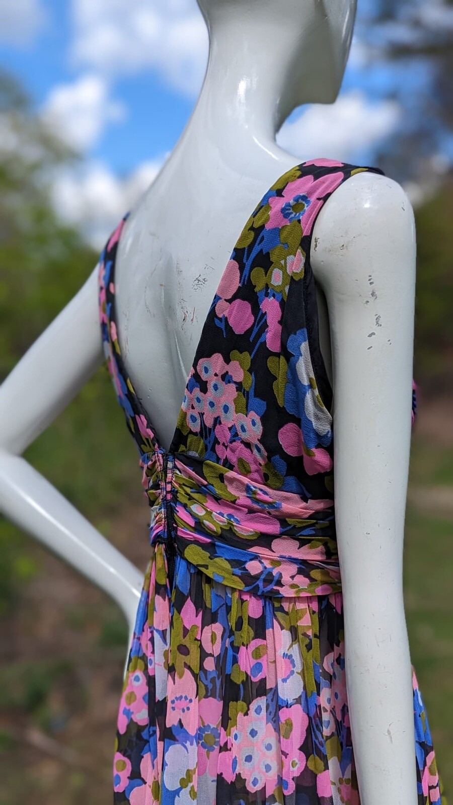 VINTAGE 1970’S FLORAL POLY CHIFFON LONG DRESS W BELTED WAIST