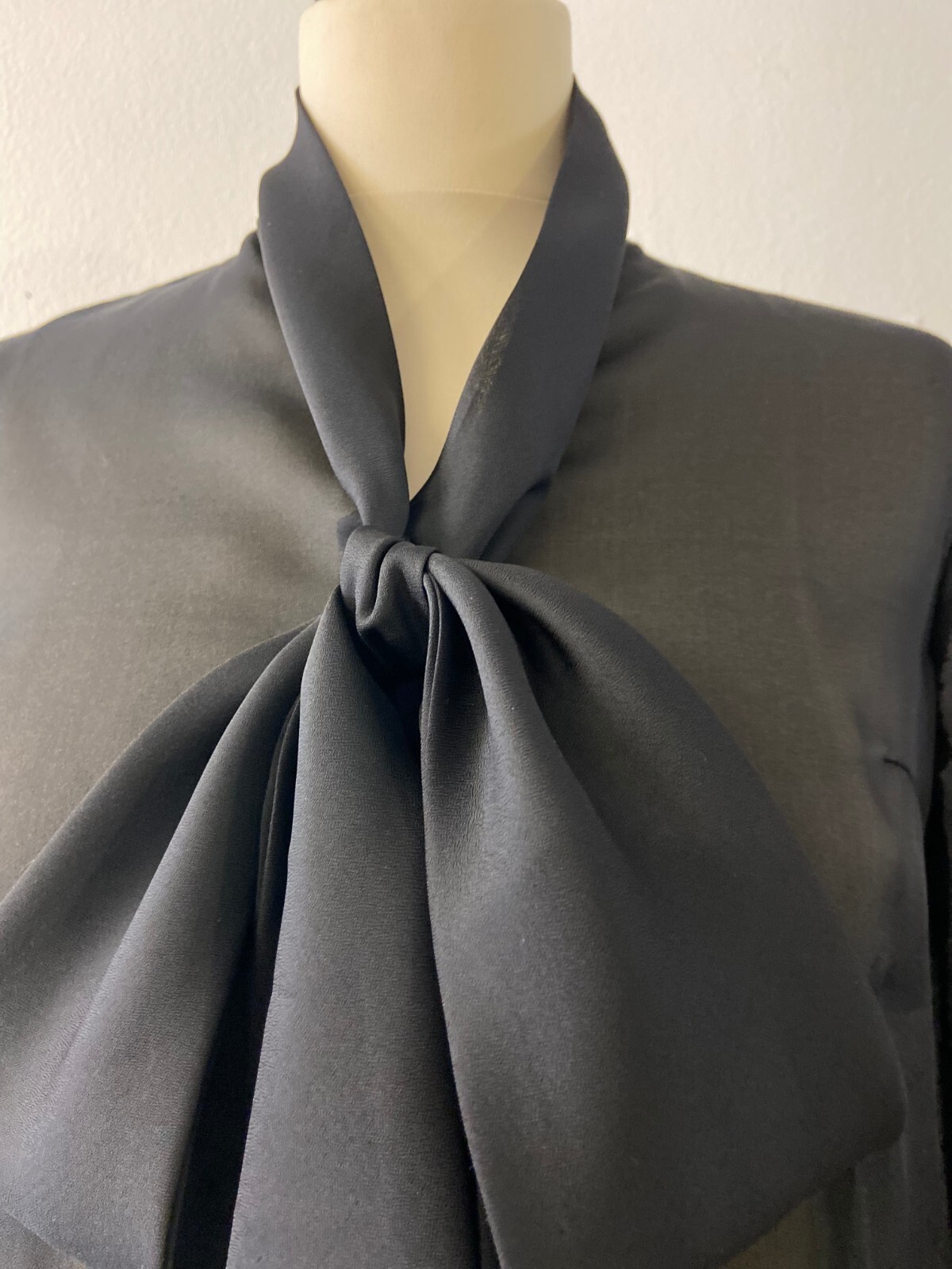 Chic Women’s Vintage Blouse | Sheer Black Bow Tie | bracelet Sleeve | Size M/L