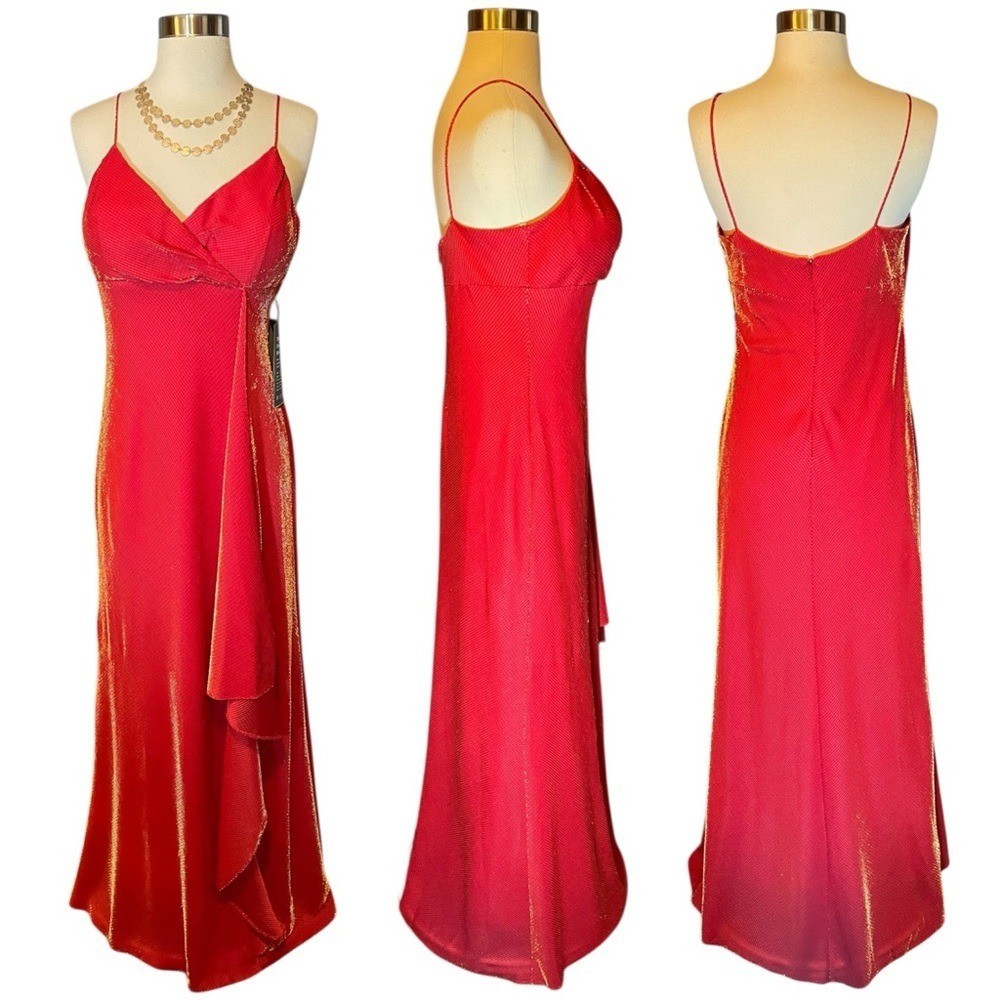 VTG 90s Betsey & Adams Red Gold Metallic Mesh Prom Gown Dress 12P NWT