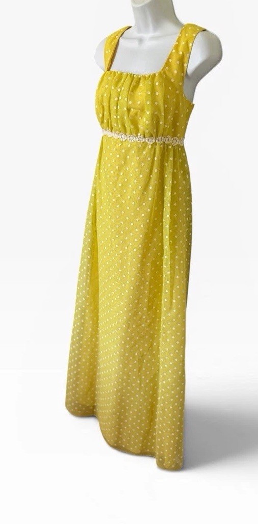 Vintage 70s Yellow Polka Dot Maxi Dress & Bolero Jacket XS/S Prarie Princess