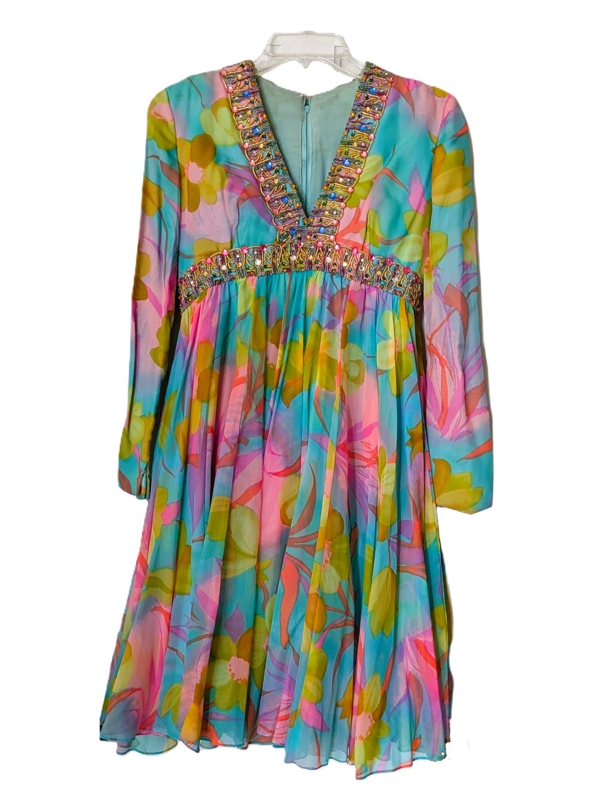 Vtg Jayna New York Beaded Psychedelic 60s Chiffon Dress ILGWU
