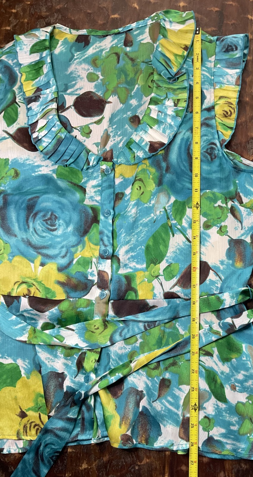 1960s Vibrant Bewitching Blue & Green Rose Floral Top Sleeveless Size Medium