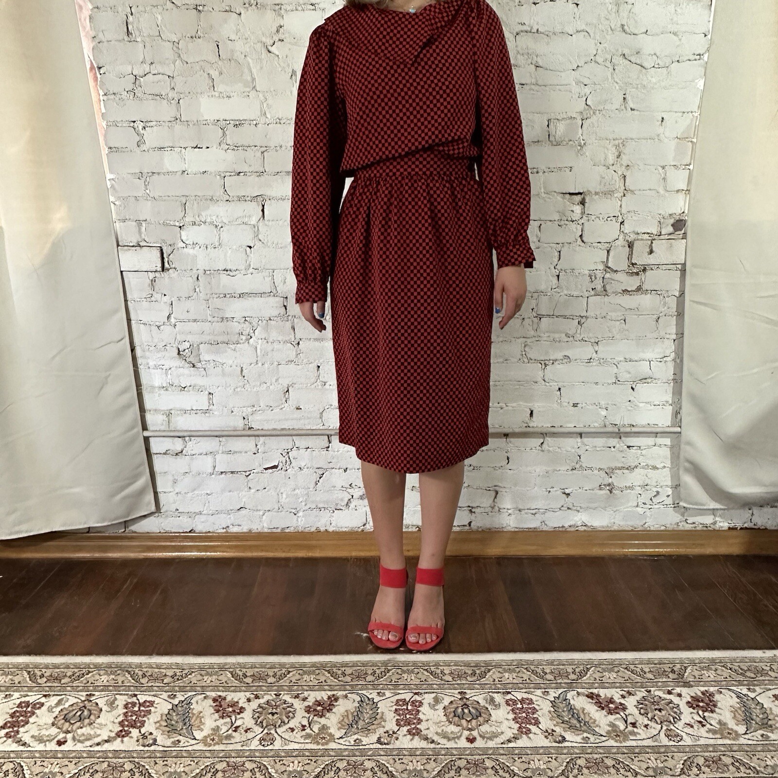 Vintage Albert Nipon Executive Dress 80’s Secretary Red Black Checkerboard S/M
