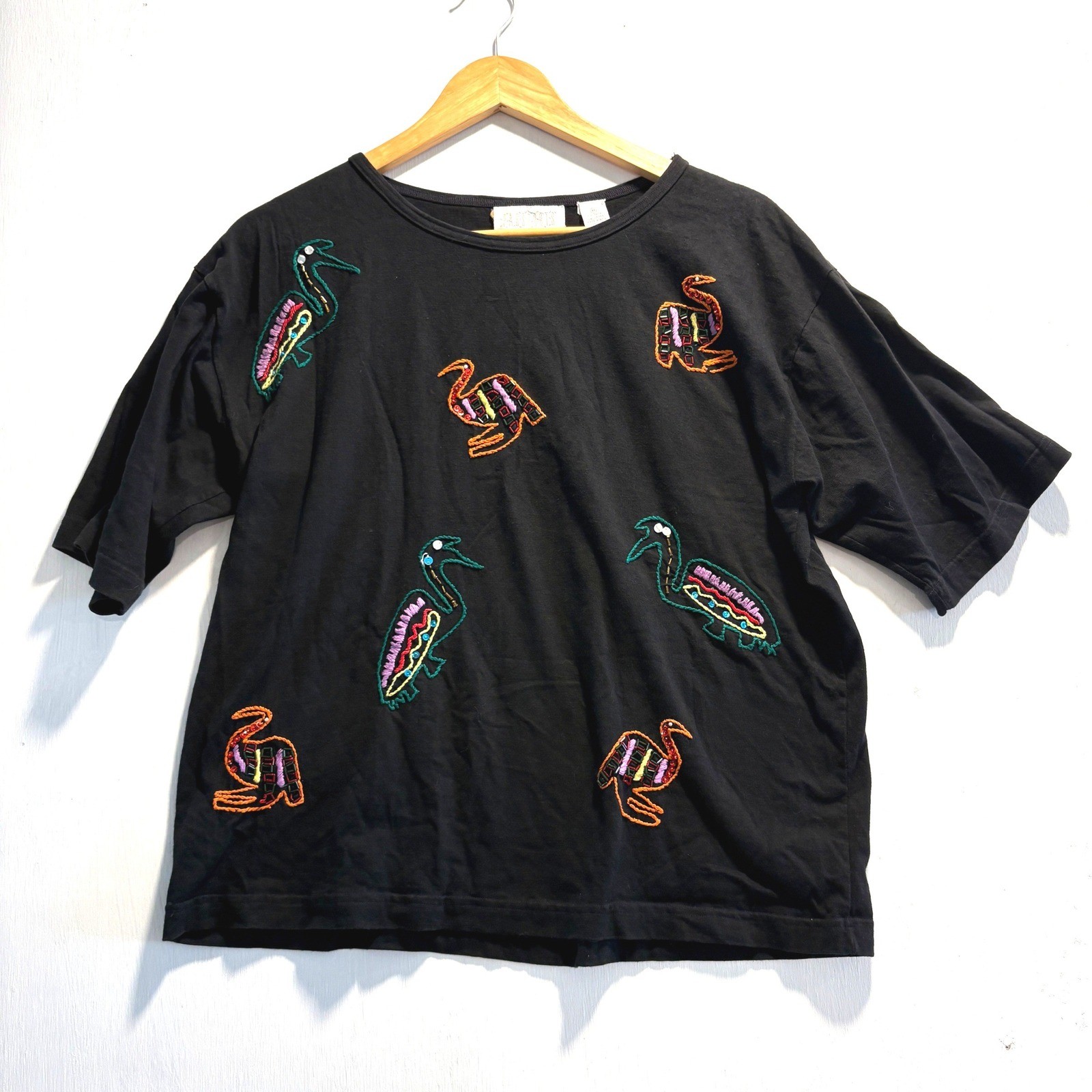 Passports Pier 1 Imports Vintage Black Cotton Embroidered Bird T-Shirt Medium