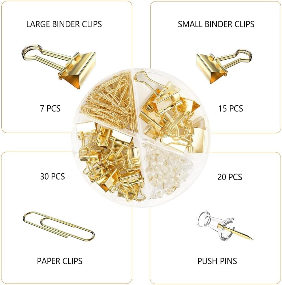 10 Pack Gold Paper Clips Binder Clips Set Metal Assorted Sizes Push Pins