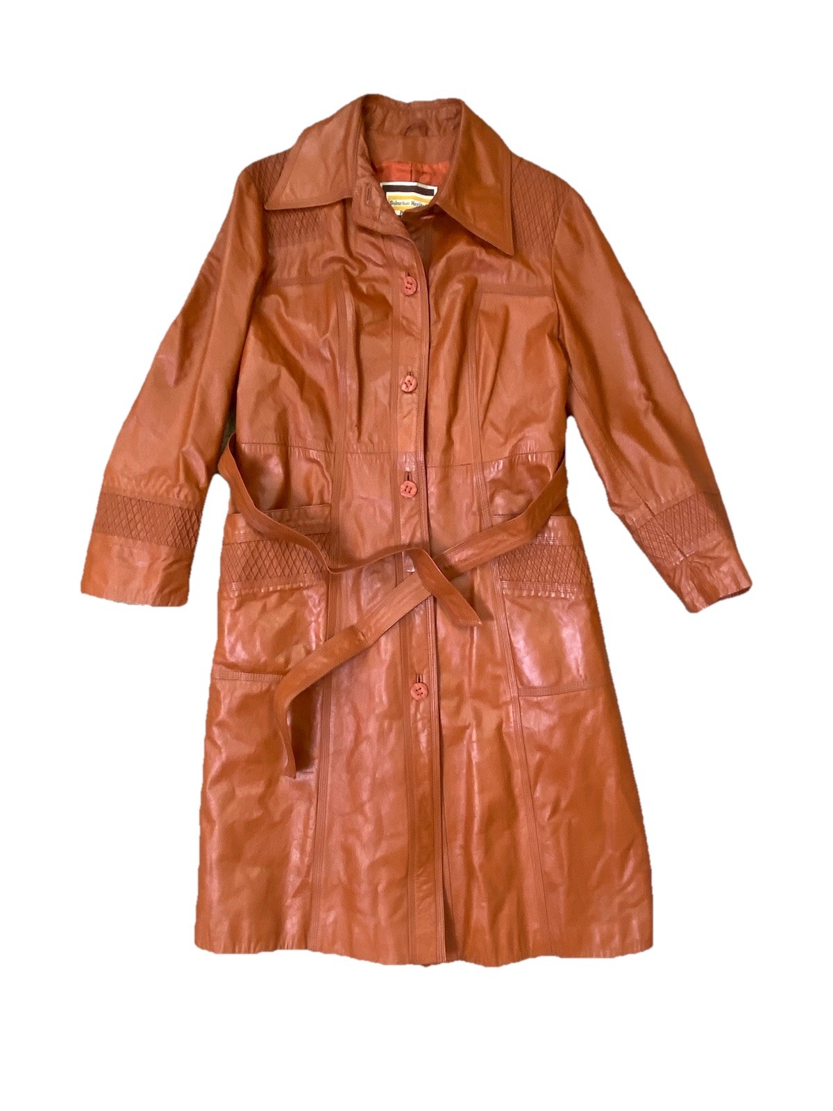Vintage 1970s Suburban Heritage Leather Terracotta Dagger Collar Coat Bust 36