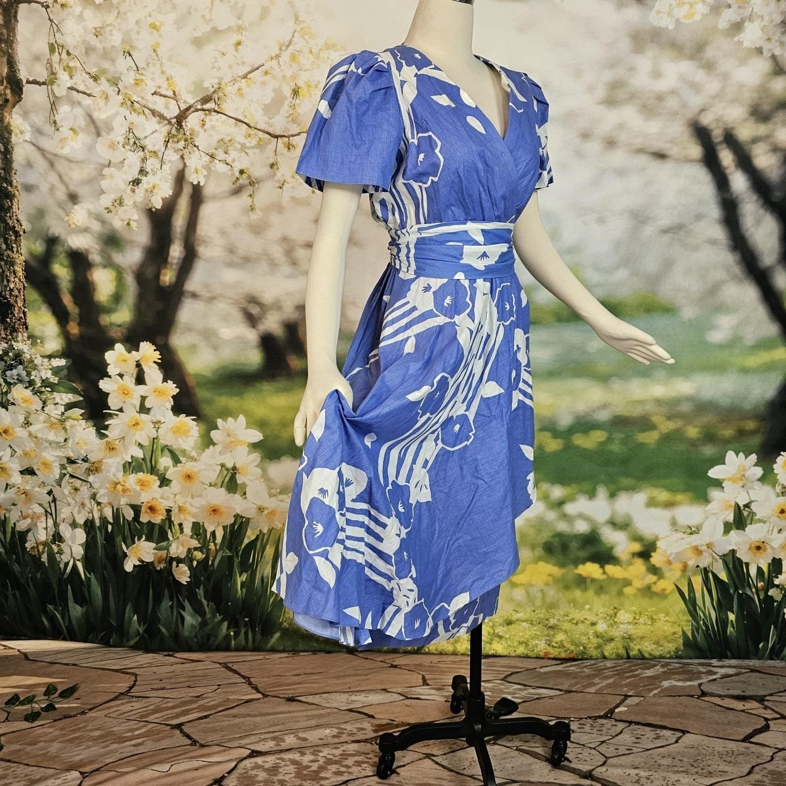 Vintage Faux Wrap Style Dress Sky Blue White Floral Print Fluttery Sleeves Gown