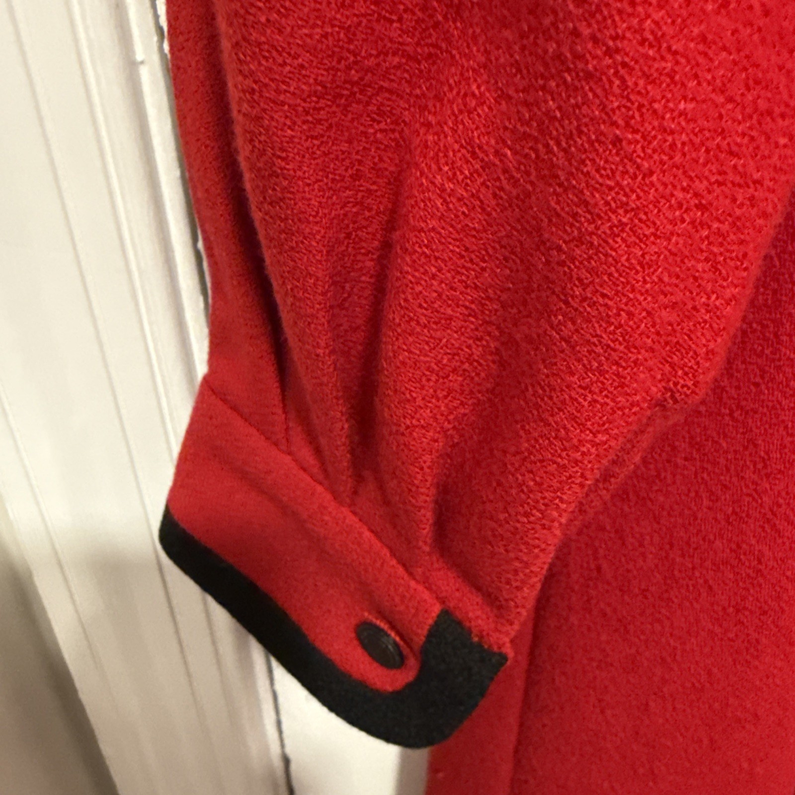 VTG Evan Picone Red Wool Dress Mandarin Collar Blk Trim 80s Power Dress Sz. 4