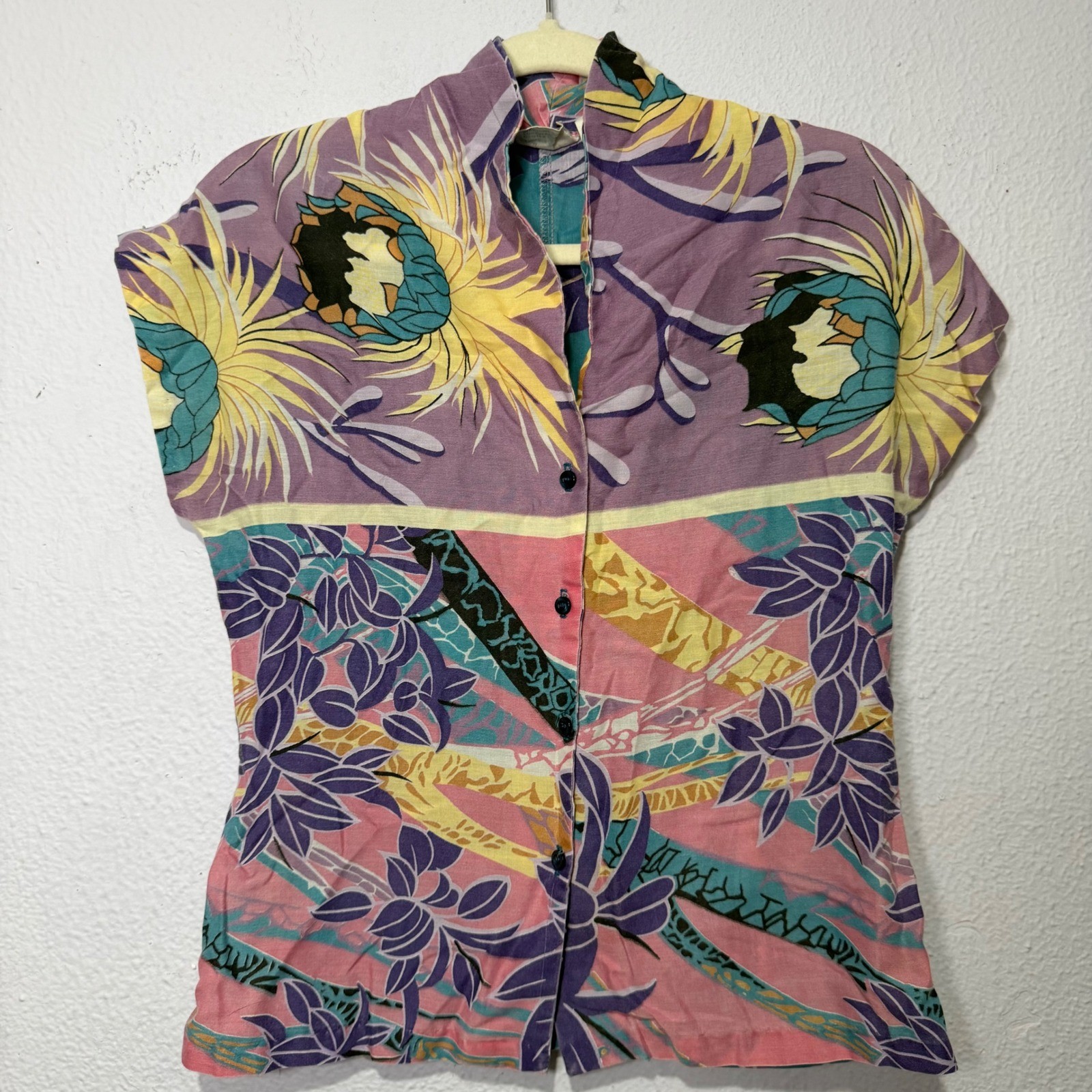 Vintage Fritzi Coastal Floral Button Up Shirt Small Multicolor Womens Tropical