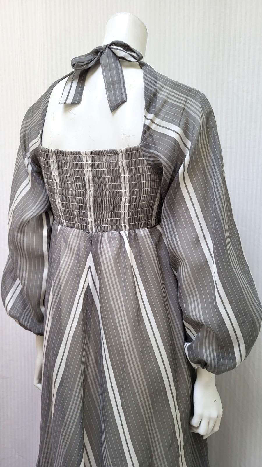 Vintage 1970’s MELISSA LANE Gray Stripe Maxi Dress with Smocking – Size XS/S