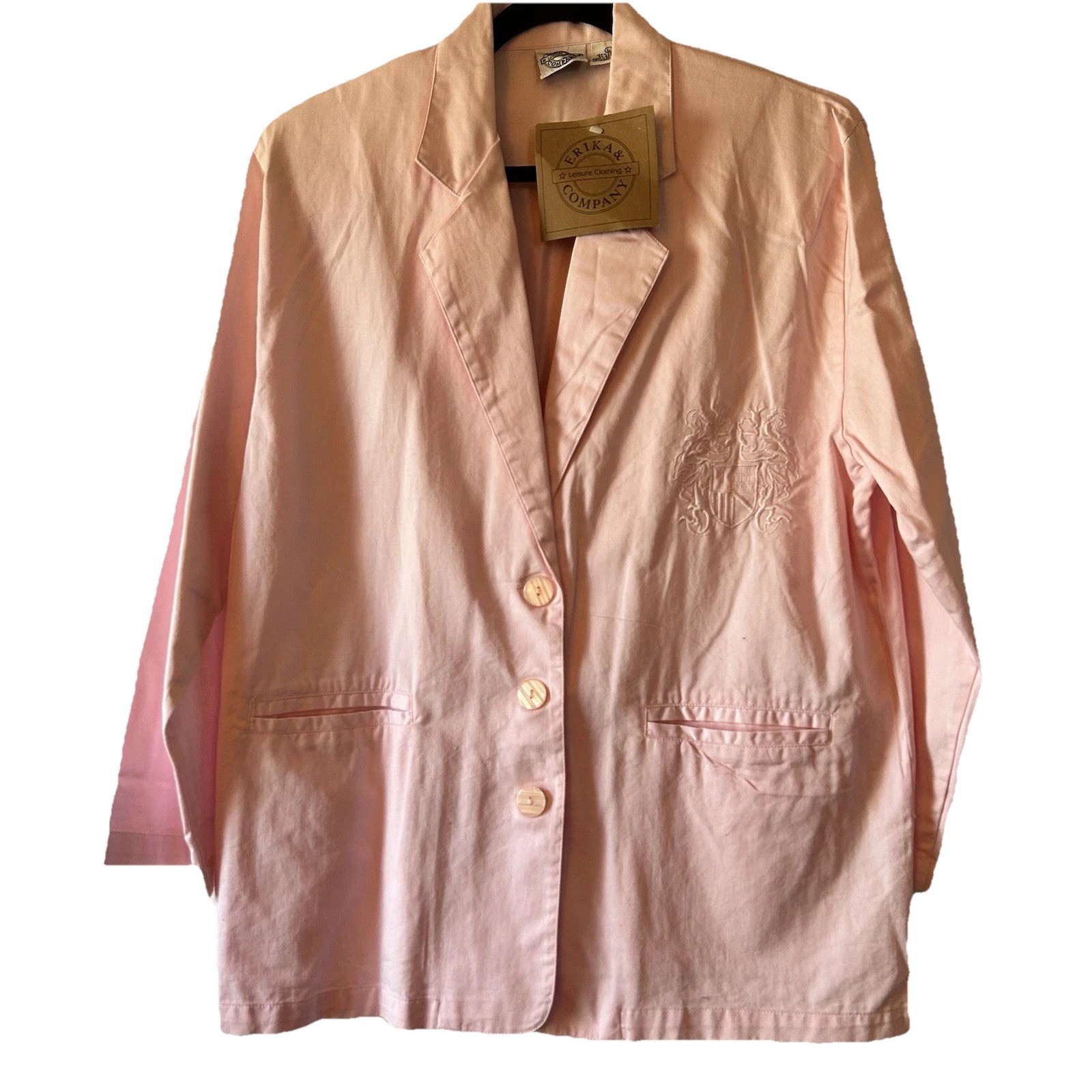 Vintage Erika and Company Pink Cotton blazer embroidered Crest Size L NWT