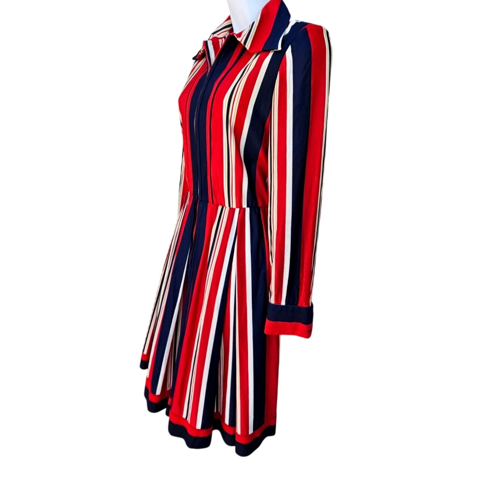 Vintage 70s California Stripe Nylon Knit Dress Red White Blue Zip Front Womens M