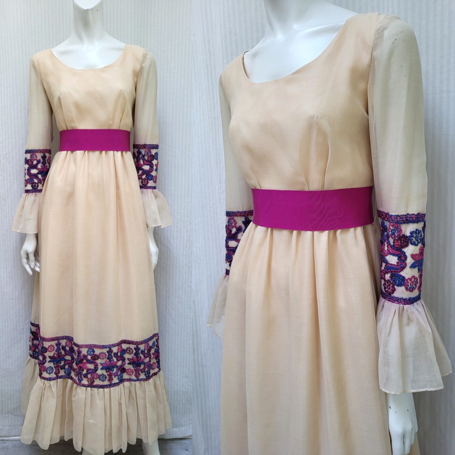 Vintage 1960/70s Cotton Voile Embroidered Maxi Dress – Size XS/S