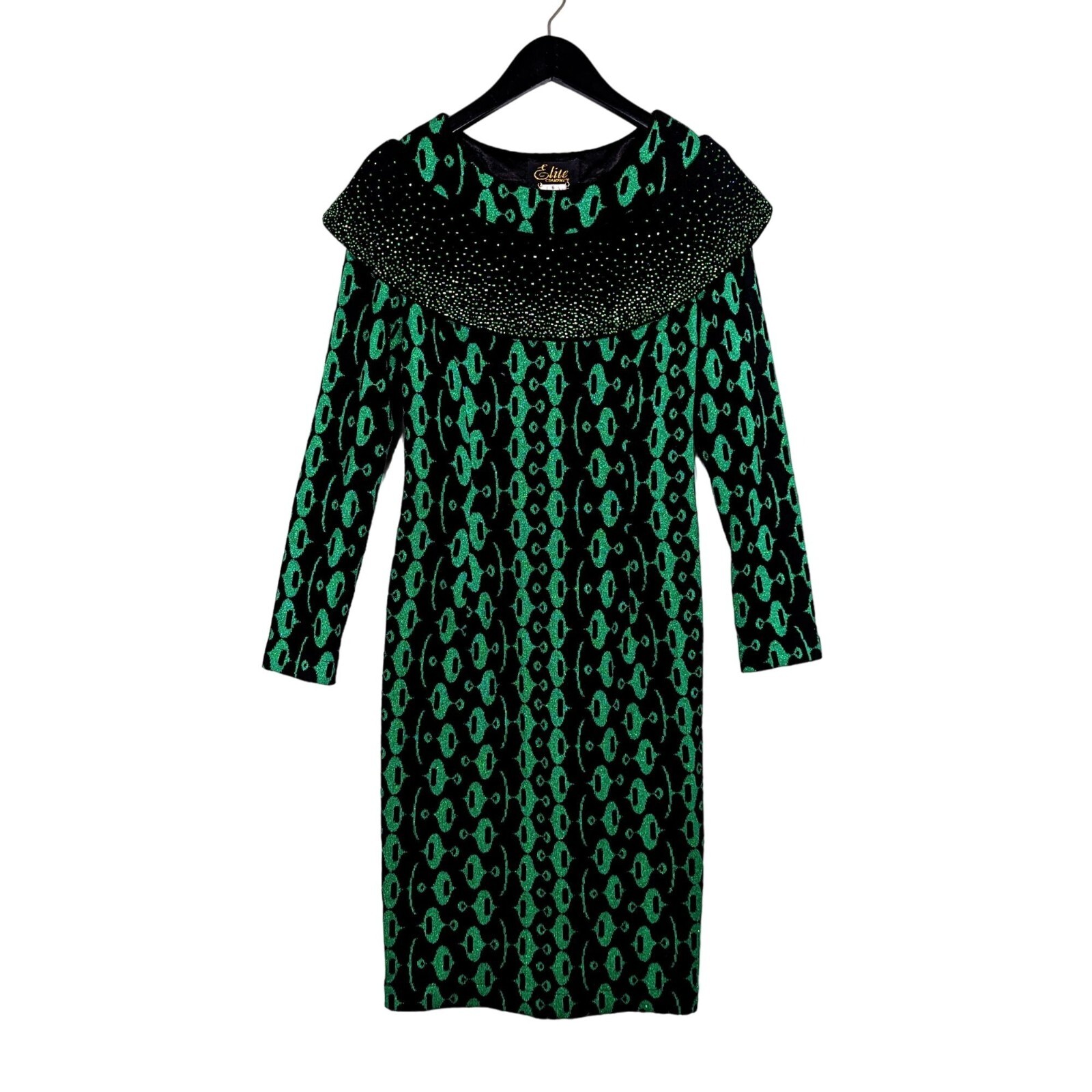 Vintage Elite Champagne Emerald City Green Black Rhinestone Sheath Dress Size 6