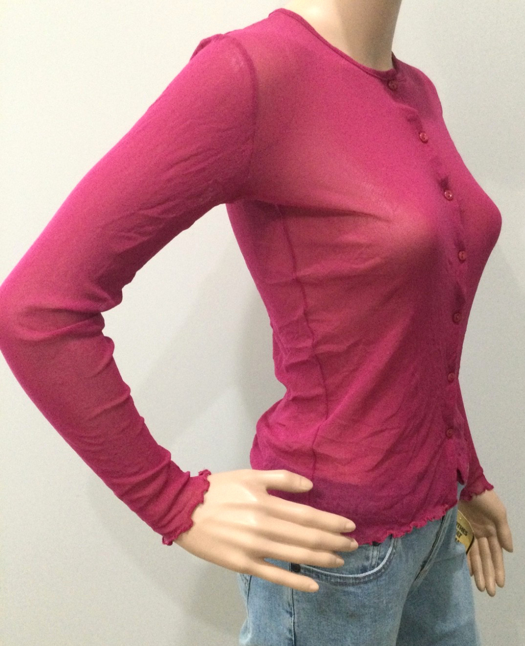 Vintage Hanky Panky NWT Sheer Mesh Cardigan Pink Button Front Lettuce Hem S Y2K