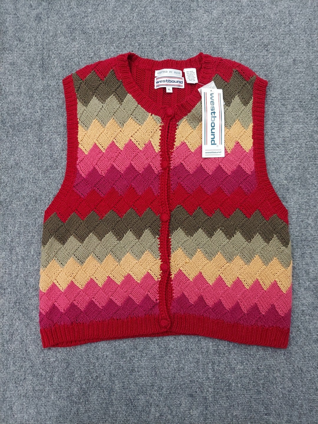 Vtg Westbound Sweater Vest Womens XL Chevron Pink Hand Knitted Button Front