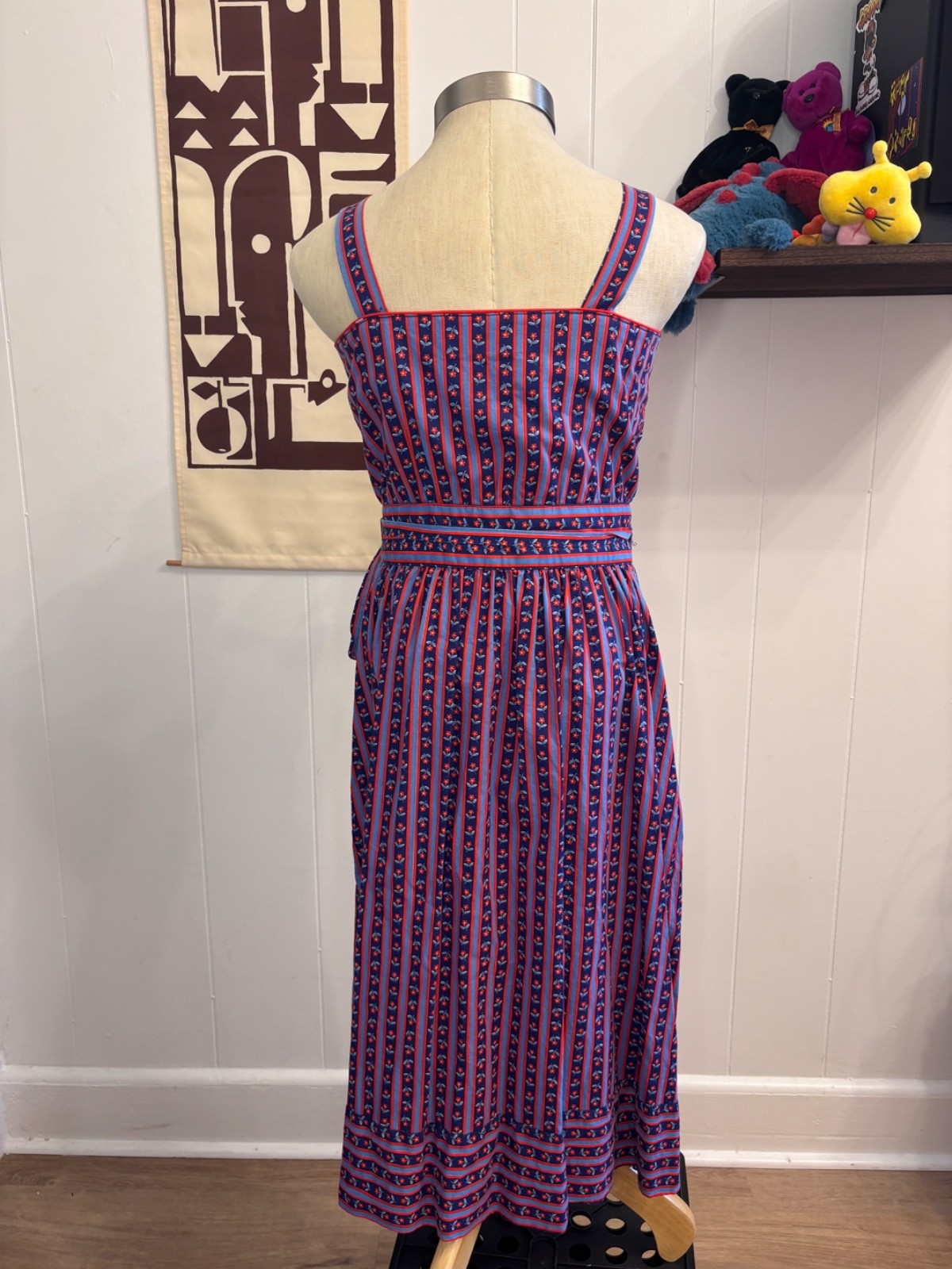 Vintage LANZ ORIGINALS Retro Red And Blue 1960s Striped Floral Wrap Dress Sz S