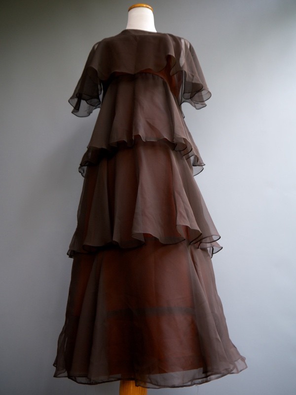 VTG 70s Marita Anthony Muto Diaphanous Tiered Brown Sheer Chiffon Disco Dress S