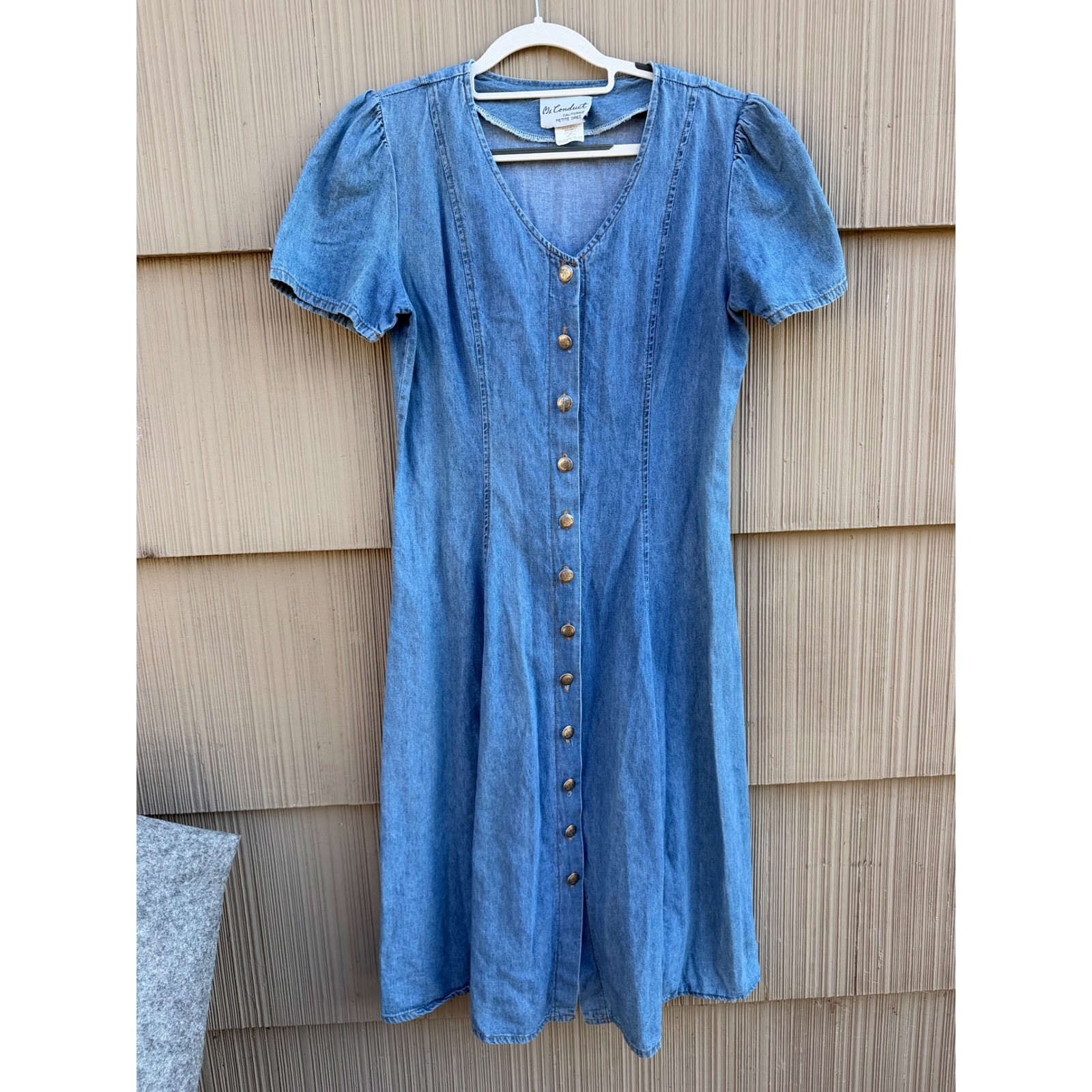 Vintage 90s Denim Button Down Midi Dress Size 10P Lace Up Back Short Puff Sleeve