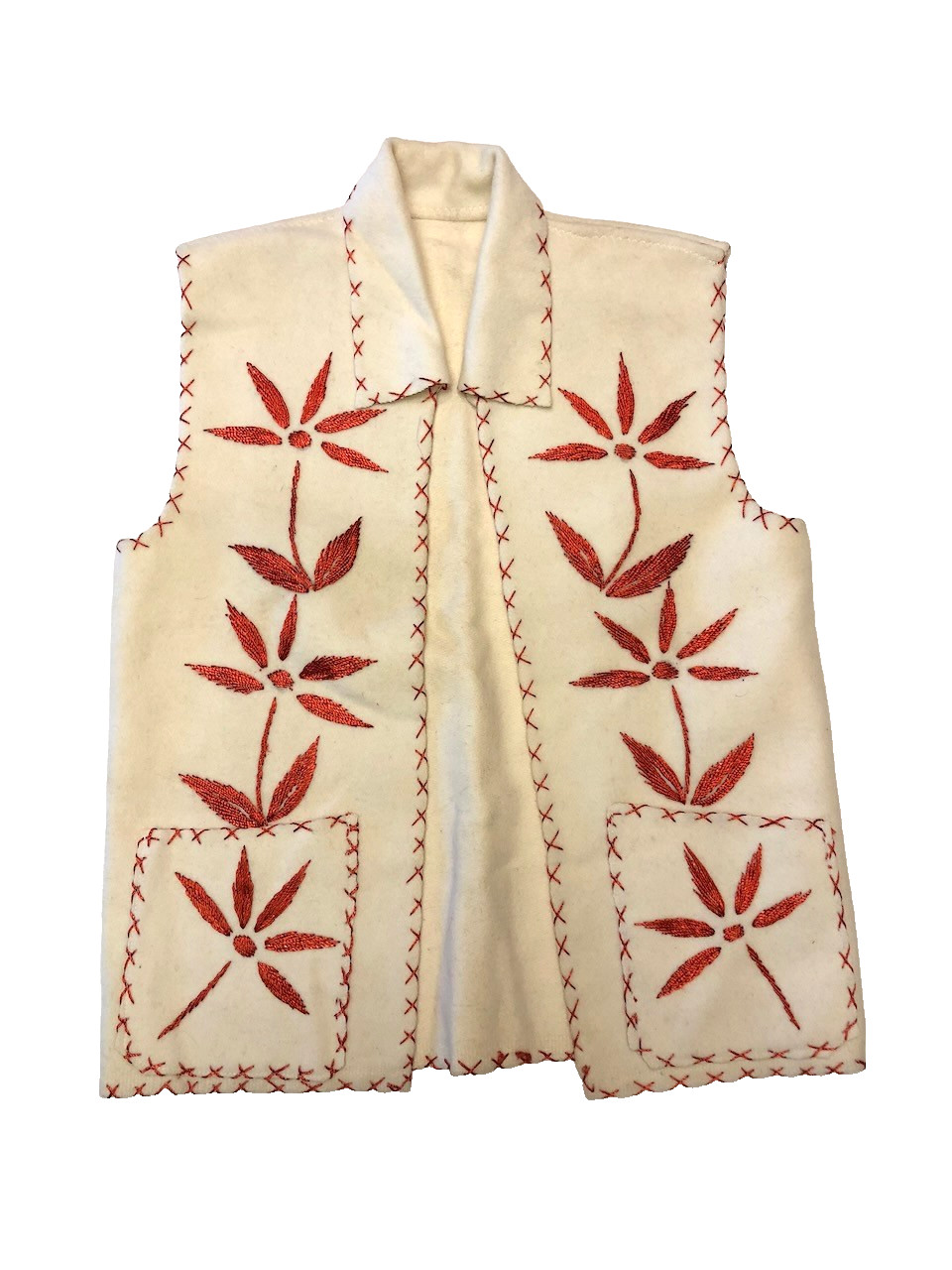 Boiled Wool Vest Long Embroidered Open Front Large Pockets Boho Artisanal M/L