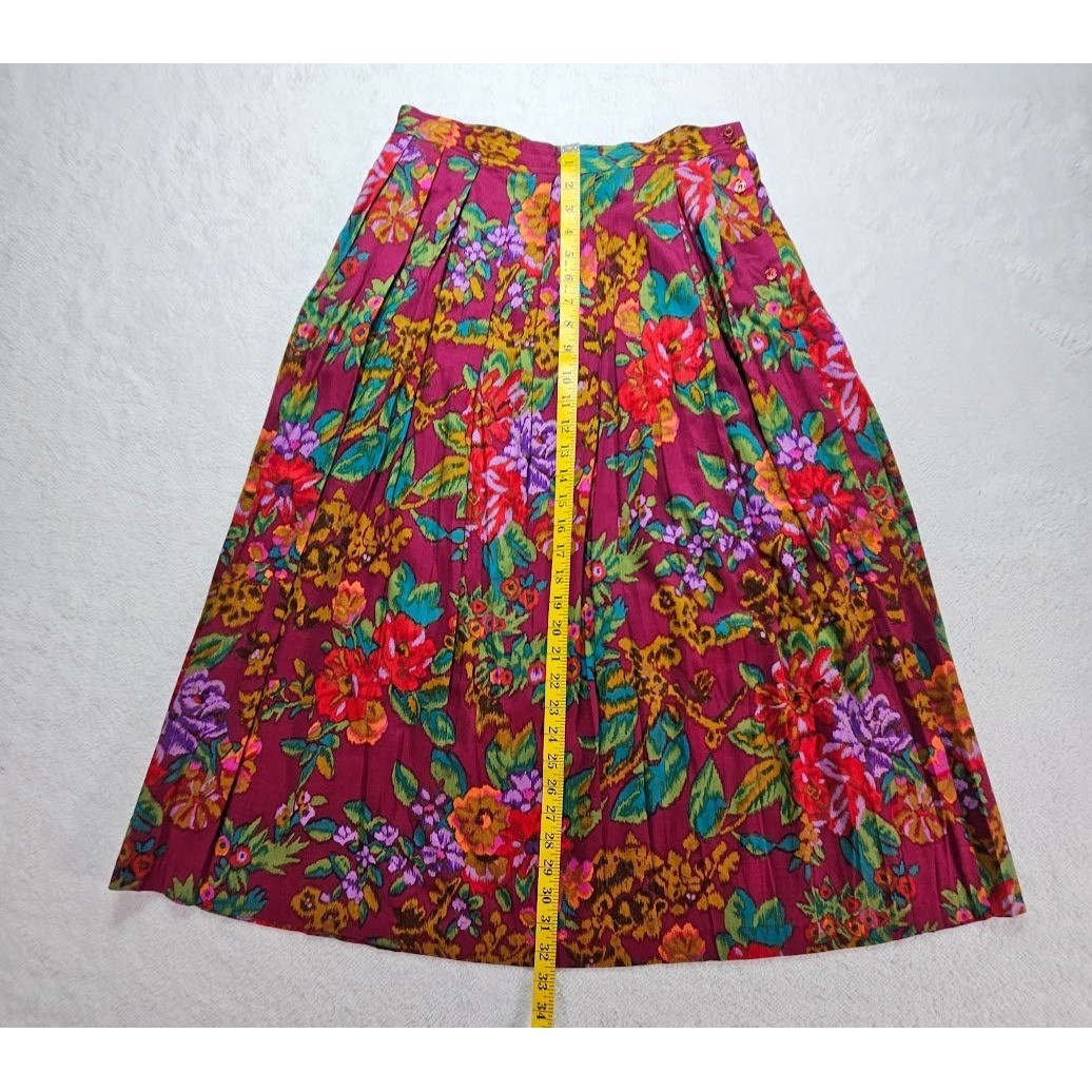 Segue Vintage Magenta Floral Pleated Rayon Midi Skirt Pockets Womens 14