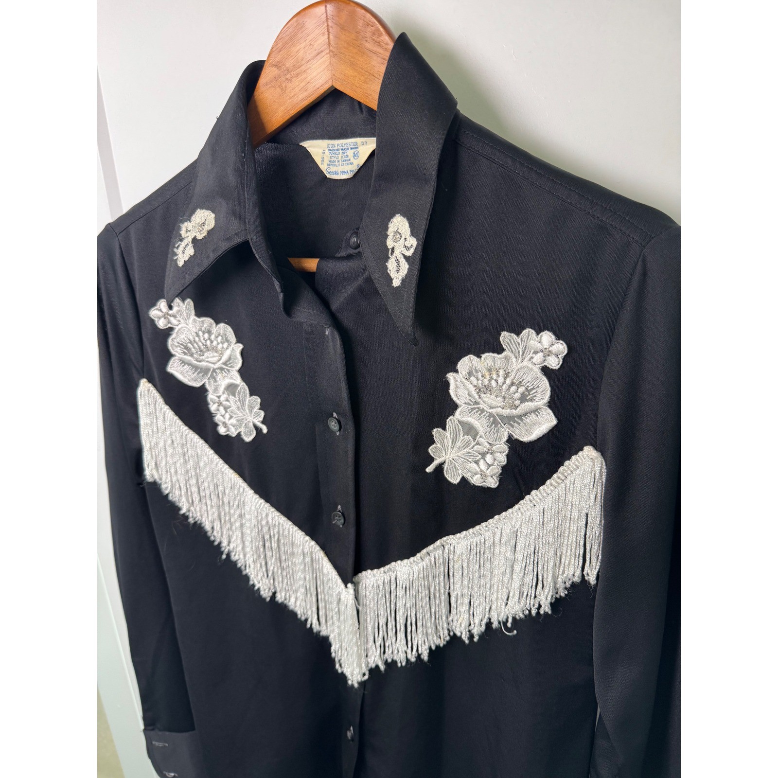 Vintage Sears Western Shirt Black Fringe Floral Lace Beaded Cowgirl Top Size 14