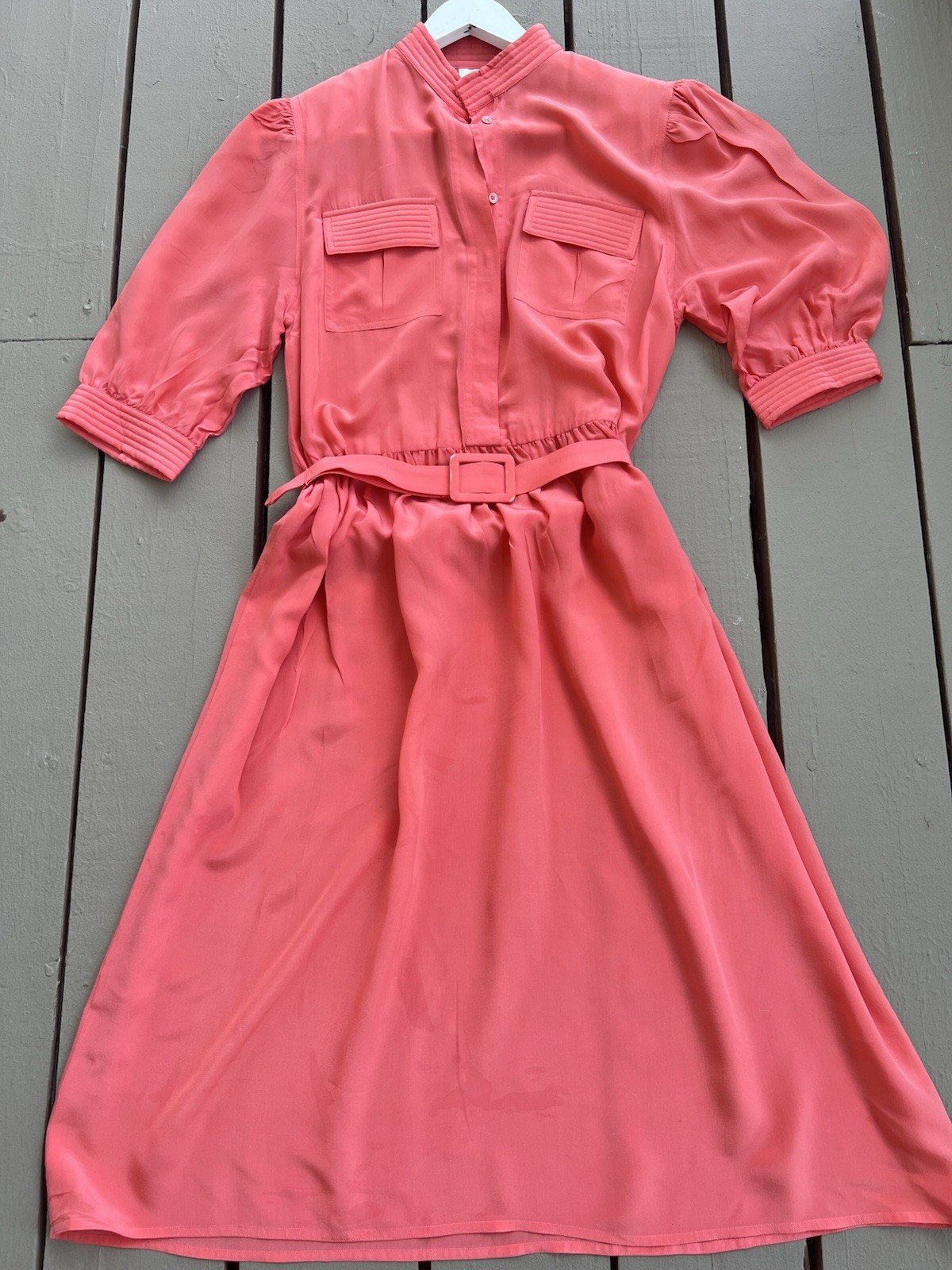 Vintage CASI Peach Orange Front Pockets Belted 100% Silk Women’s Dress Sz 10