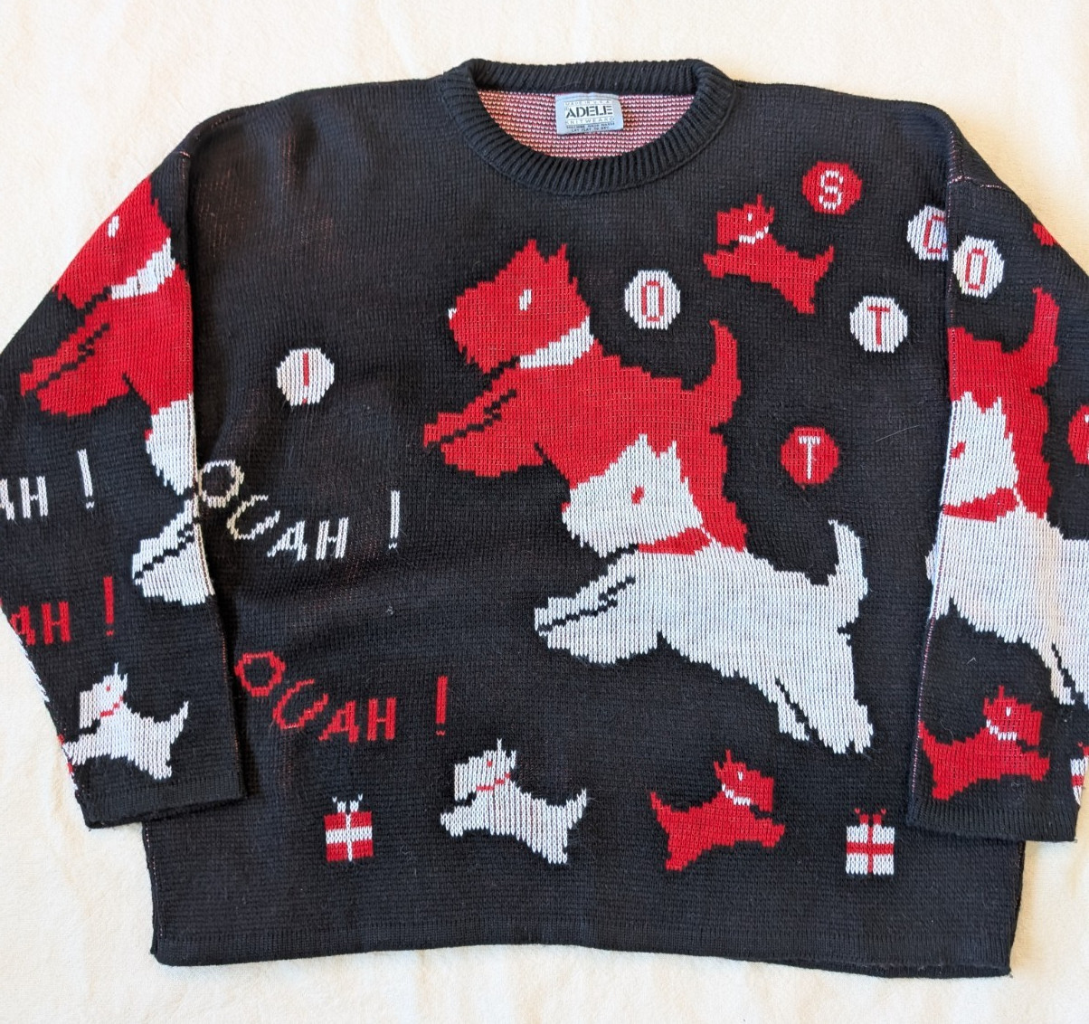 Vintage 80s Adele Knitwear Women’s Sweater Scottish Terrier Pullover AOP Large