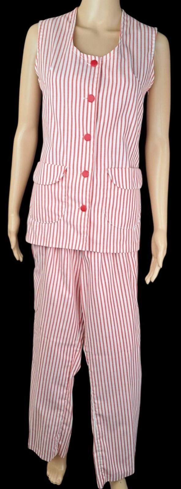 Vintage Candy Striper Uniform 1970s Red White Top Pants Hat 3 Piece Set Imperial