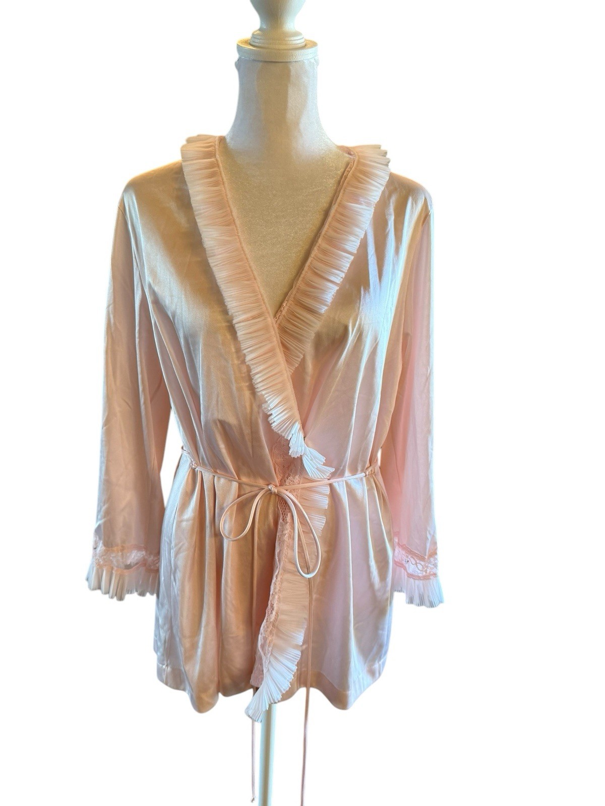 Vintage Jolie Two Pink Night Gown Top Short Robe Bed Jacket Ruffle Tie Nylon S